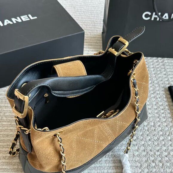 CHANEL Handbags - CHANEL Tan Suede and Black Leather Shoulder Bag with Gold Hardware